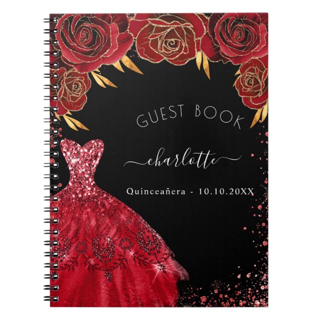 Caderno Espiral Livro de convidados Quinceanera, vestido preto de  (Frente)