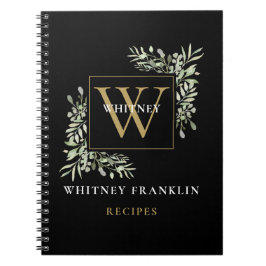 Caderno Espiral Livro de Receitas de Monograma de Vegetação Preta 