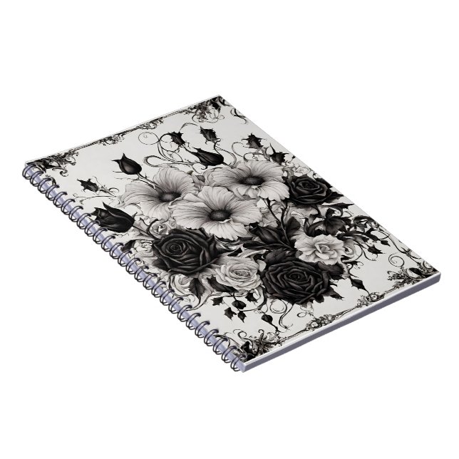 Caderno Espiral Livro de sombras com flores pretas góticas (Lado Direito)
