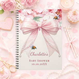 Caderno Espiral Livro de visitas Baby Shower flores com laço rosa 