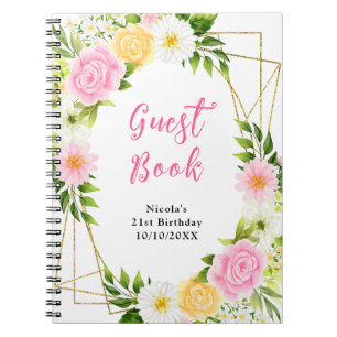 Caderno Espiral Livro de Visitas de Aniversário com Flores Cor-de-