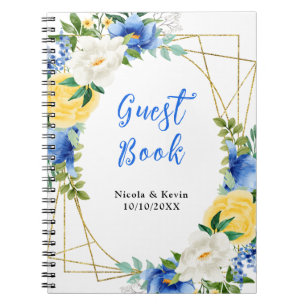 Caderno Espiral Livro de Visitas de Casamento Floral Azul e Amarel