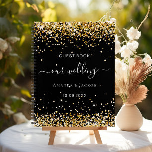 Caderno Espiral Livro de visitas de casamento preto dourado confet