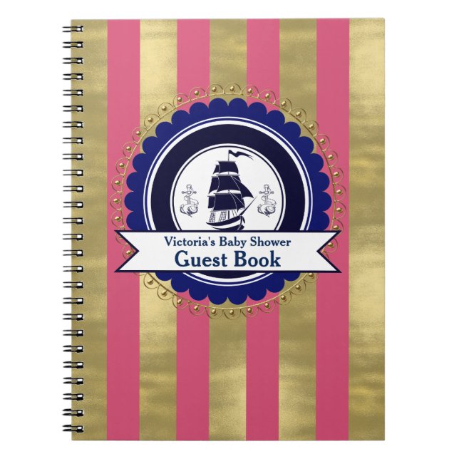 Caderno Espiral Livro de Visitas de Chá de Bebê Rosa Azul Marítimo (Frente)