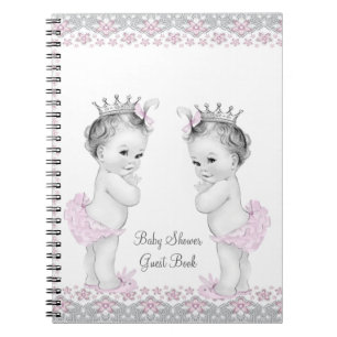 Caderno Espiral Livro de Visitas de Chás de Bebê Gêmeos Rosa e Cin