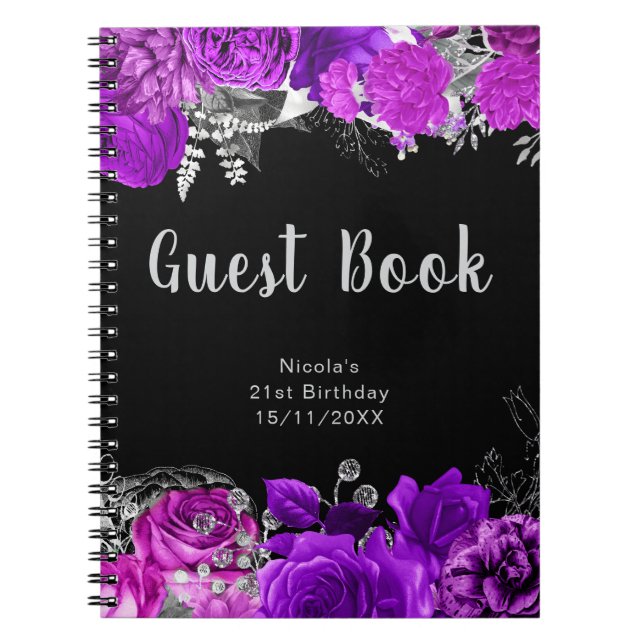 Caderno Espiral Livro de Visitas de Flores Roxas e Prateadas Elega (Frente)