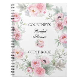 Caderno Espiral Livro de Visitas de Rosas Peônias Papoulas em Aqua