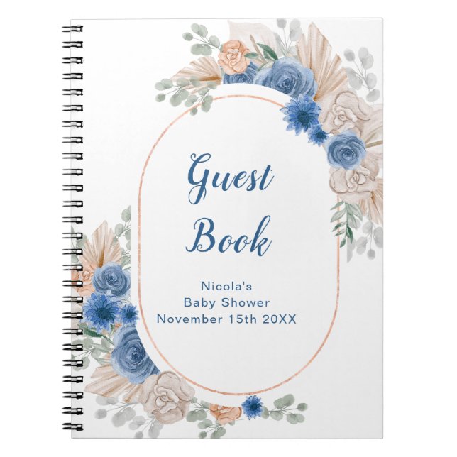 Caderno Espiral Livro de Visitas para Chá de Bebê Blue Boho com Gr (Frente)