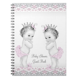 Caderno Espiral Livro de Visitas para Chás de Bebê de Gêmeas Rosa