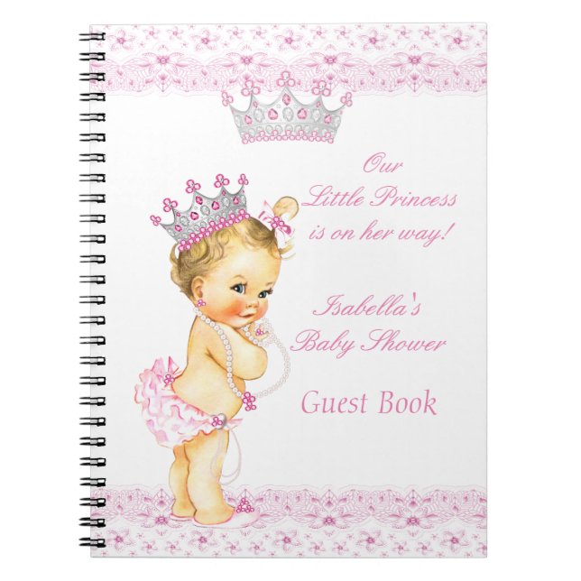 Caderno Espiral Livro de Visitas Princesa Chá de Bebê Rosa Branco  (Frente)