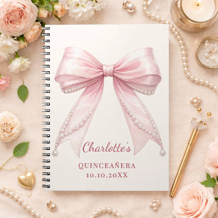 Caderno Espiral Livro de visitas Quinceanera laço rosa pérolas mar