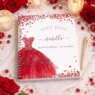 Caderno Espiral Livro de visitas Quinceanera vestido branco vermel