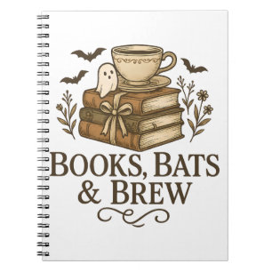 Caderno Espiral Livros, Morcegos & Cerveja Halloween Outono Witchy