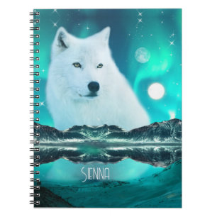 Caderno Espiral Lobo árctico e noite mágica com luzes nortes