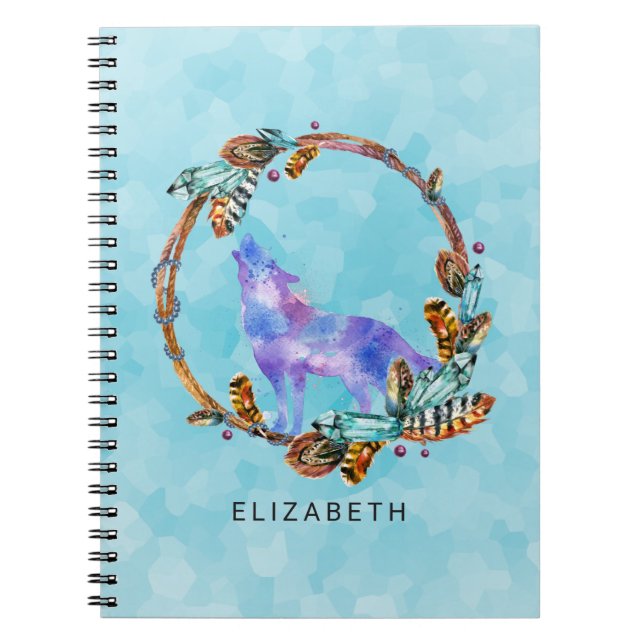 Caderno Espiral Lobo de Aquarela Roxo com Personalidade Boho Wreat (Frente)