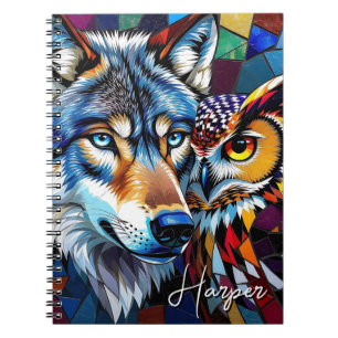 Caderno Espiral Lobo e Coruja Vibrante e Colorido Personalizado