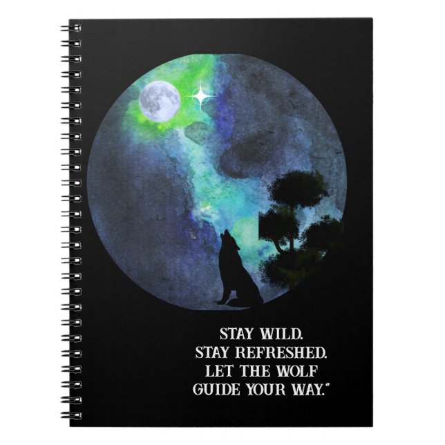 Caderno Espiral Lobo fofo sob a lua no céu \romântico aquarela (Frente)