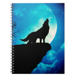 Caderno Espiral Lobo na silhueta uivando até a lua de cheio