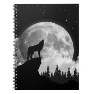 Caderno Espiral Lobo negro e branco uivando na lua