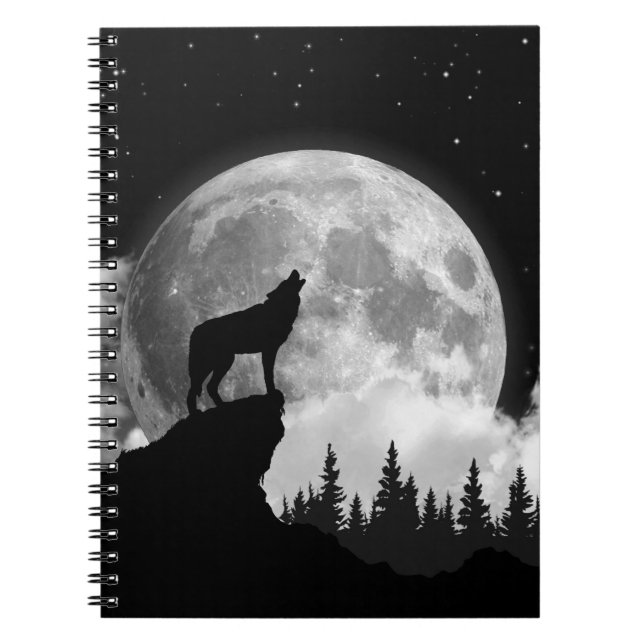 Caderno Espiral Lobo negro e branco uivando na lua (Frente)