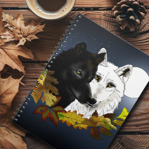 Caderno Espiral Lobos Preto Branco Luar Folhas de Outono