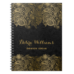 Caderno Espiral Local do Paisley Floral Dourado