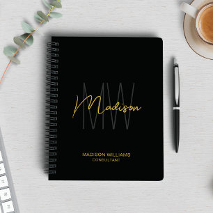 Caderno Espiral Logotipo com Monograma Moderno Preto Dourado Consu