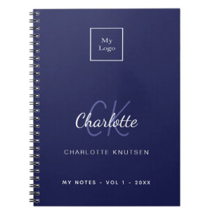 Caderno Espiral Logotipo comercial nome monograma branco azul mari