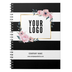 Caderno Espiral Logotipo Empresarial Rosa Preto Floral Promocional