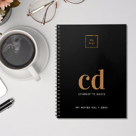 Caderno Espiral Logotipo iniciais monograma dourado preto negócios