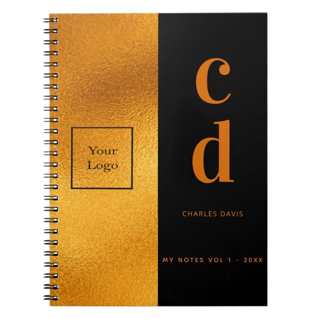 Caderno Espiral Logotipo preto monograma comercial luxo moderno (Frente)