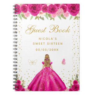 Caderno Espiral Loira de Cabelo Floral Rosa Quente Princesa Sweet 