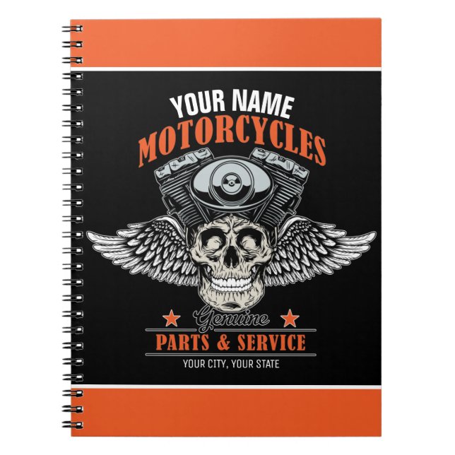 Caderno Espiral Loja de Motocicletas Personalizada Caveira Voadora (Frente)
