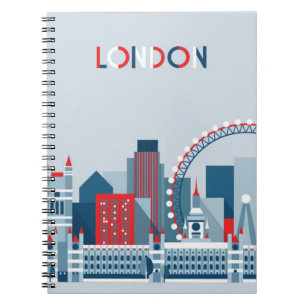 Caderno Espiral Londres, Inglaterra skyline vermelha, branca e