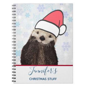 Caderno Espiral Lontra bonito que veste um Natal do chapéu do