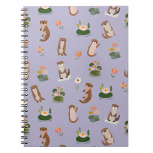 Caderno Espiral Lontras e Folhas de Nenúfar em Cinza-Roxo Claro