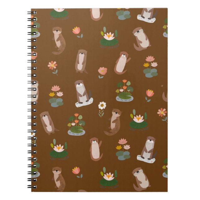 Caderno Espiral Lontras e Folhas de Nenúfar em Marrom (Frente)