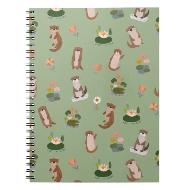 Caderno Espiral Lontras e Folhas de Nenúfar em Verde Claro (Frente)