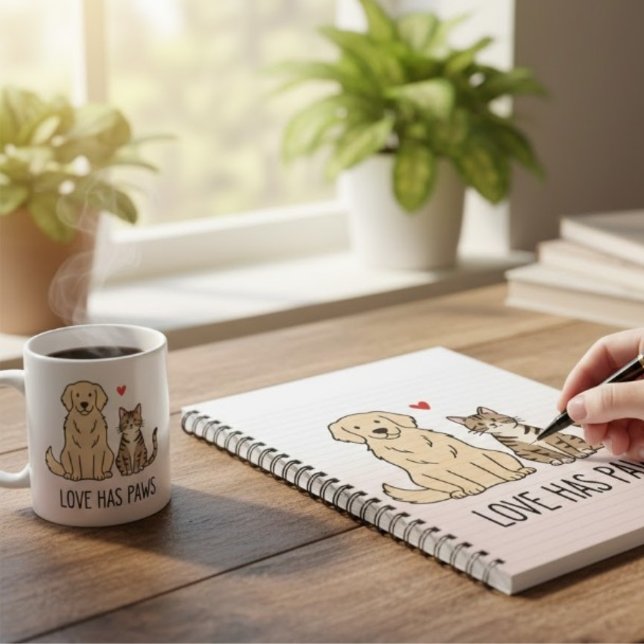 Caderno Espiral Love Has Paws | Cute Minimalist Dog and Cat Illust (Criador carregado)