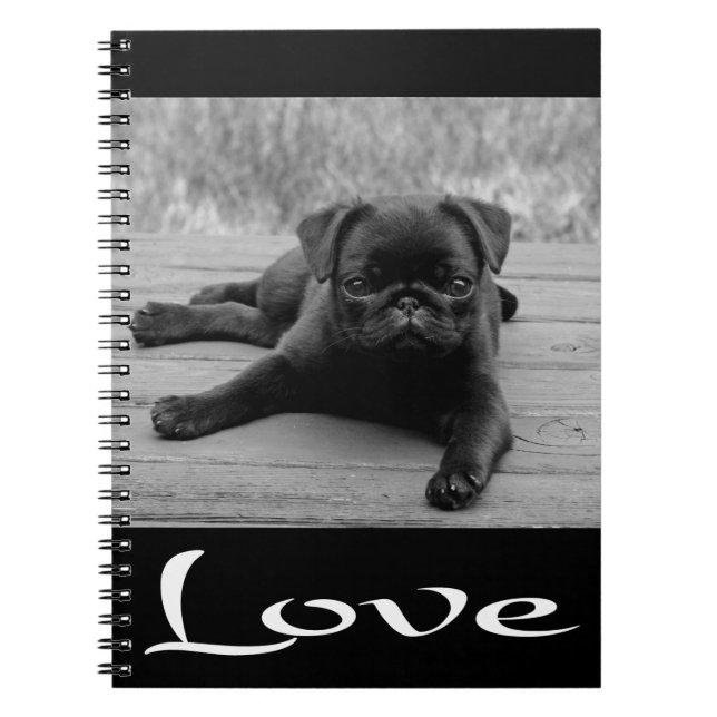 Caderno Espiral Love Pug Puppy Dog Black Nobook / Diário (Frente)