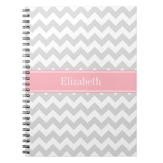 Caderno Espiral Lt Cinza Branca Chevron Zigzag Nome Rosa Monograma (Frente)