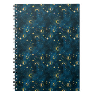 Caderno Espiral Lua Azul Celestial e Dourada do Crescente Noturno