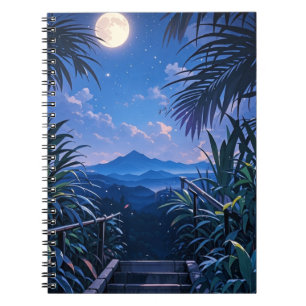 Caderno Espiral lua brilhante e noite da selva
