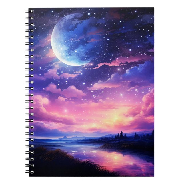 Caderno Espiral Lua cheia celestial nuvens Roxo Místico (Frente)