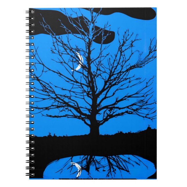 Caderno Espiral Lua com árvore, azul cobalto, preto e branco (Frente)