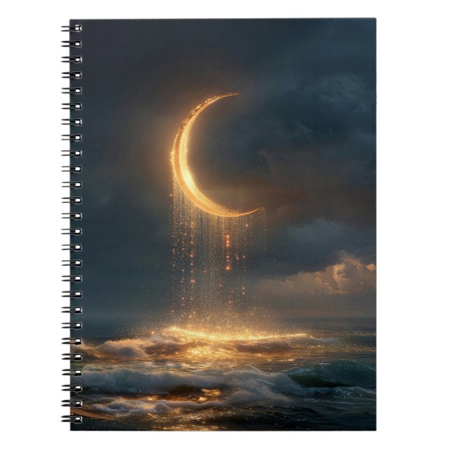 Caderno Espiral Lua Crescente Dourada Surreal Acima do Oceano (Frente)