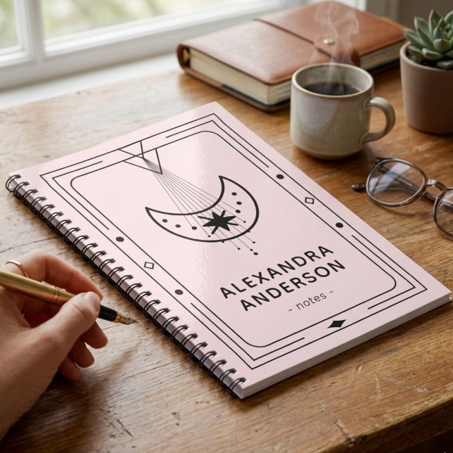 Caderno Espiral Lua Crescente Estelar Celestial Moldura Rosa (Geometric Celestial Crescent Moon Pink Notebook)