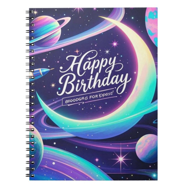 Caderno Espiral Lua crescente, estrelas, planetas temática por gal (Frente)