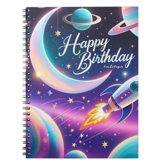 Caderno Espiral Lua de aniversário feliz da Galáxia, estrelas (Frente)