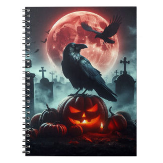 Caderno Espiral Lua de cheio, cemitério, corvo sentado em uma abób